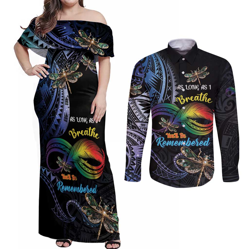 Personalised Polynesian Memorial Couples Matching Off Shoulder Maxi Dress and Long Sleeve Button Shirt As Long As I Breathe You'll Be Remembered