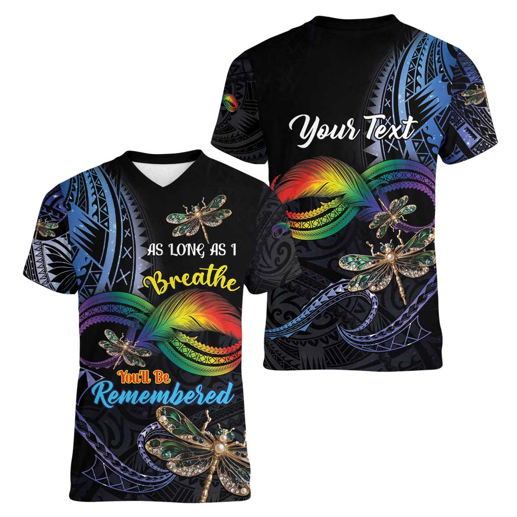 Personalised Polynesian Memorial Women V-Neck T-Shirt As Long As I Breathe You'll Be Remembered