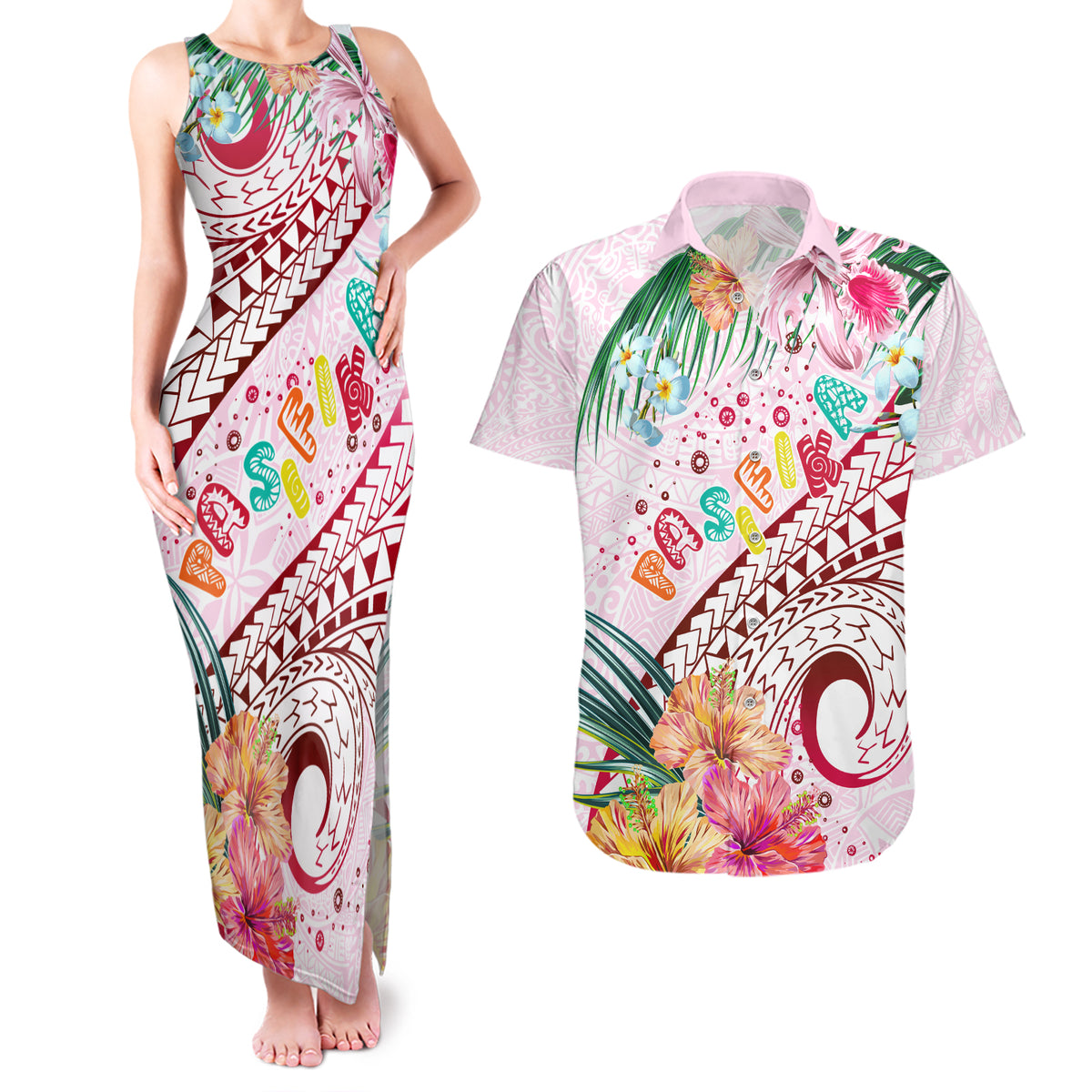 Pasifika Festival Couples Matching Tank Maxi Dress and Hawaiian Shirt Tribal Pattern Tropical Style LT01 Pink - Polynesian Pride
