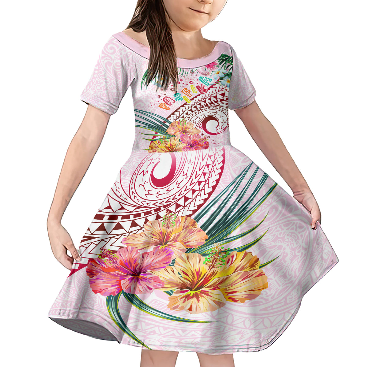 Pasifika Festival Family Matching Short Sleeve Bodycon Dress and Hawaiian Shirt Tribal Pattern Tropical Style LT01 Daughter's Dress Pink - Polynesian Pride