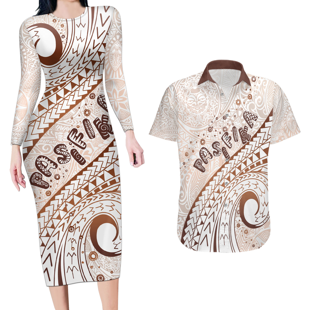 Pasifika Festival Couples Matching Long Sleeve Bodycon Dress and Hawaiian Shirt Vintage Tribal Pattern LT01 Brown - Polynesian Pride