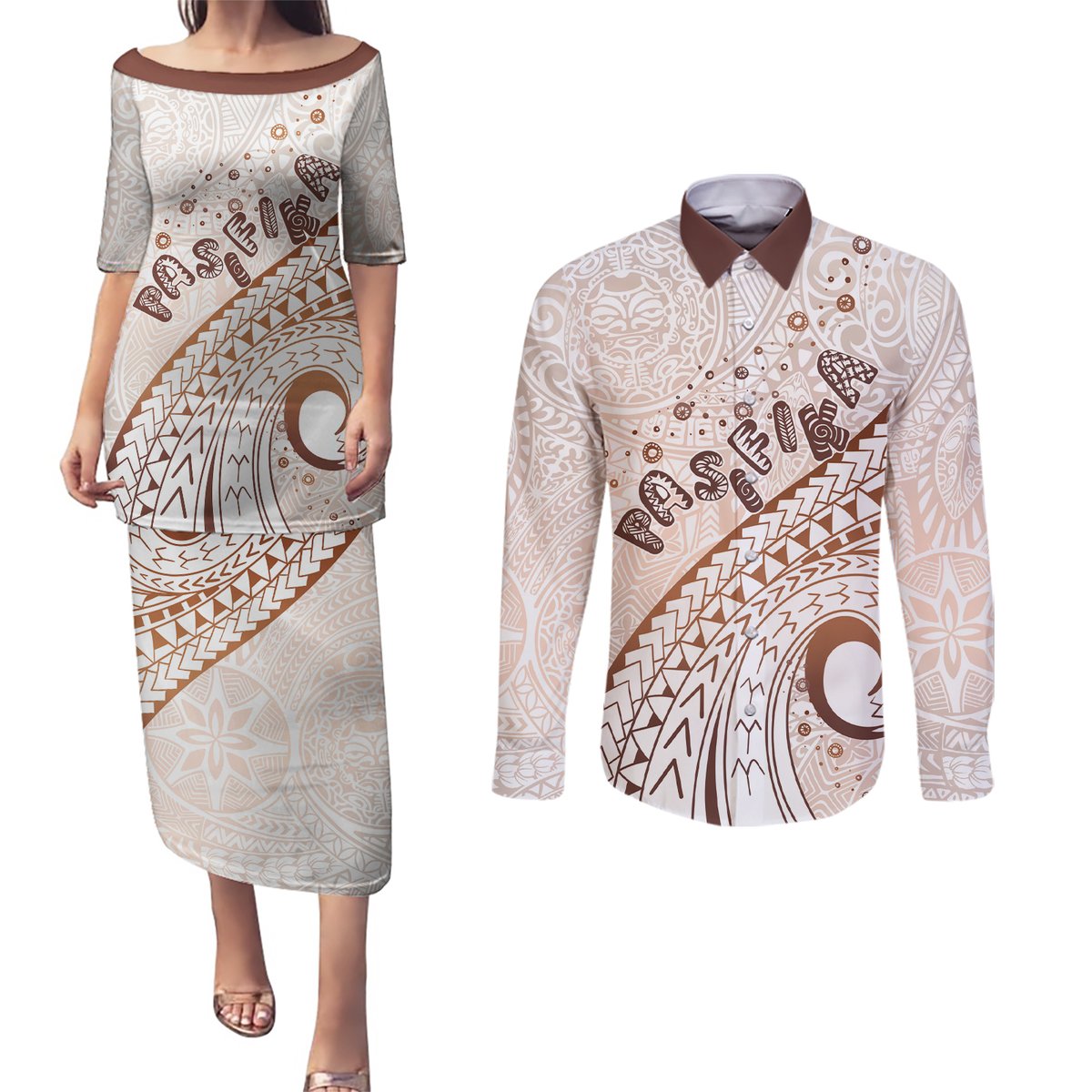 Pasifika Festival Couples Matching Puletasi and Long Sleeve Button Shirt Vintage Tribal Pattern LT01 Brown - Polynesian Pride