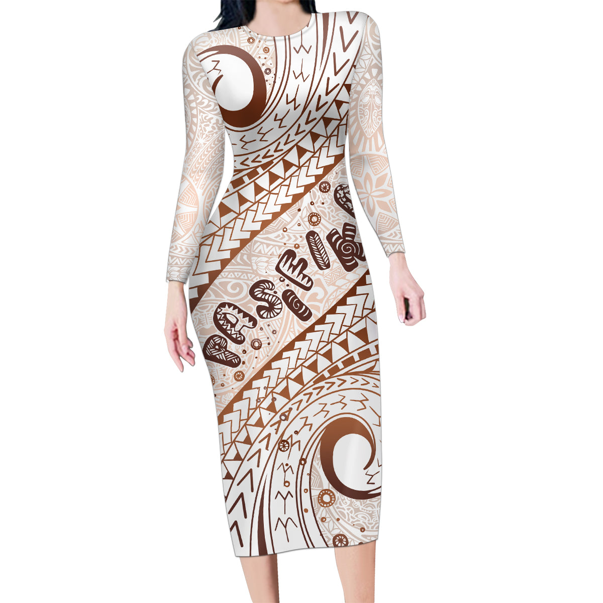 Pasifika Festival Family Matching Long Sleeve Bodycon Dress and Hawaiian Shirt Vintage Tribal Pattern LT01 Mom's Dress Brown - Polynesian Pride