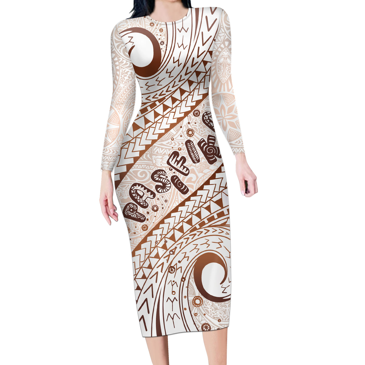 Pasifika Festival Long Sleeve Bodycon Dress Vintage Tribal Pattern LT01 Long Dress Brown - Polynesian Pride