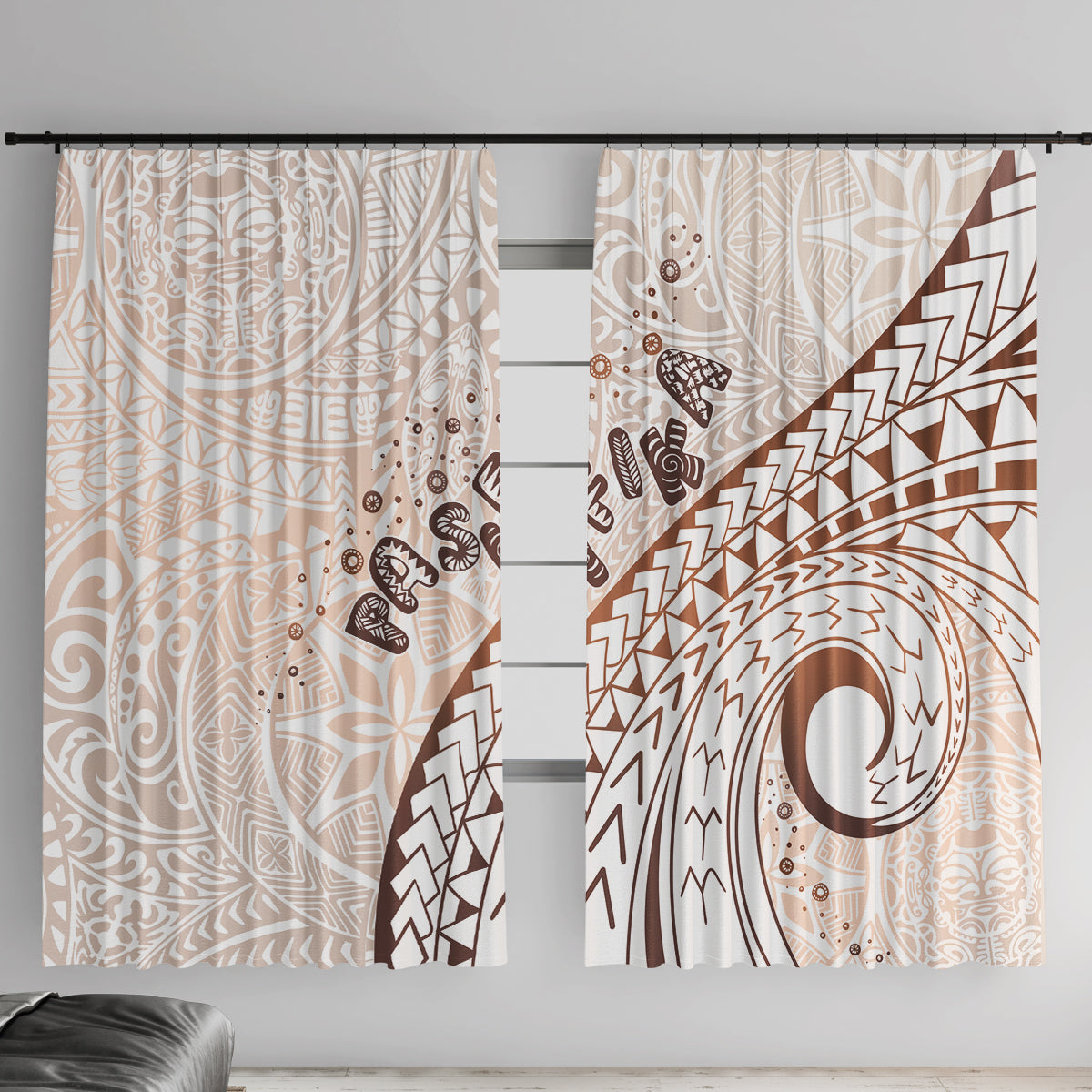 Pasifika Festival Window Curtain Vintage Tribal Pattern LT01 With Hooks Brown - Polynesian Pride