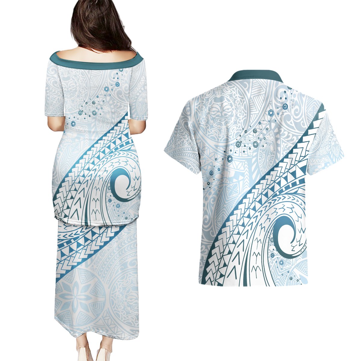 Pasifika Festival Couples Matching Puletasi and Hawaiian Shirt Tribal Pattern Blue Version LT01 - Polynesian Pride