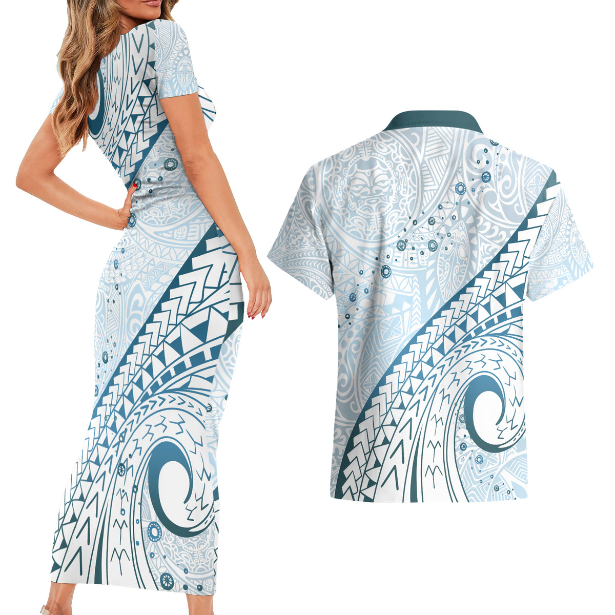Pasifika Festival Couples Matching Short Sleeve Bodycon Dress and Hawaiian Shirt Tribal Pattern Blue Version LT01 - Polynesian Pride