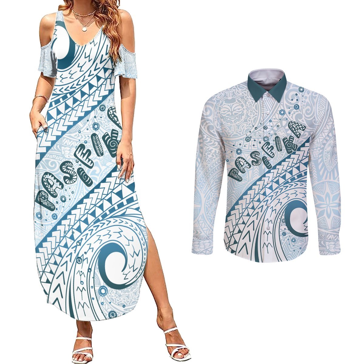 Pasifika Festival Couples Matching Summer Maxi Dress and Long Sleeve Button Shirt Tribal Pattern Blue Version LT01 Blue - Polynesian Pride