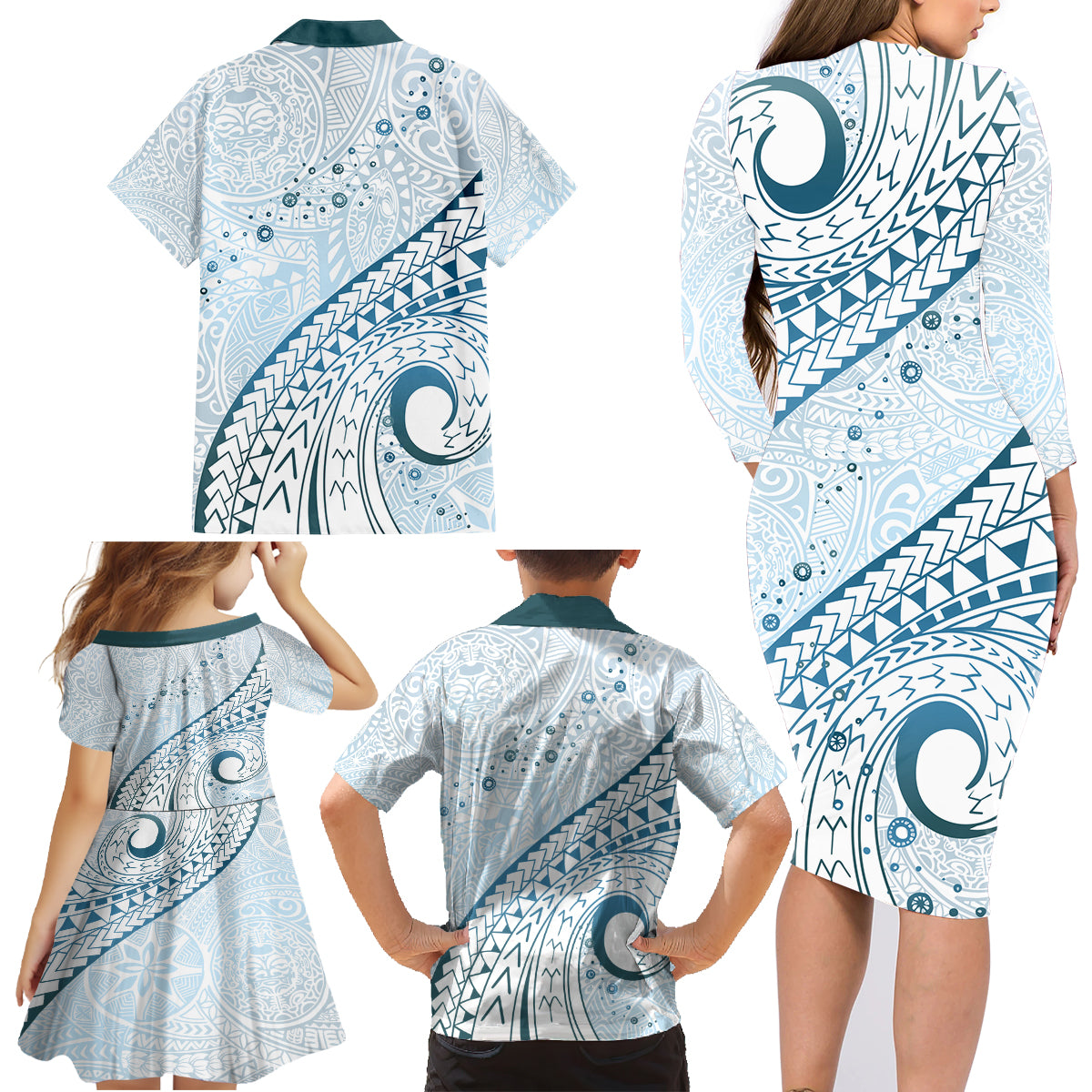 Pasifika Festival Family Matching Long Sleeve Bodycon Dress and Hawaiian Shirt Tribal Pattern Blue Version LT01 - Polynesian Pride