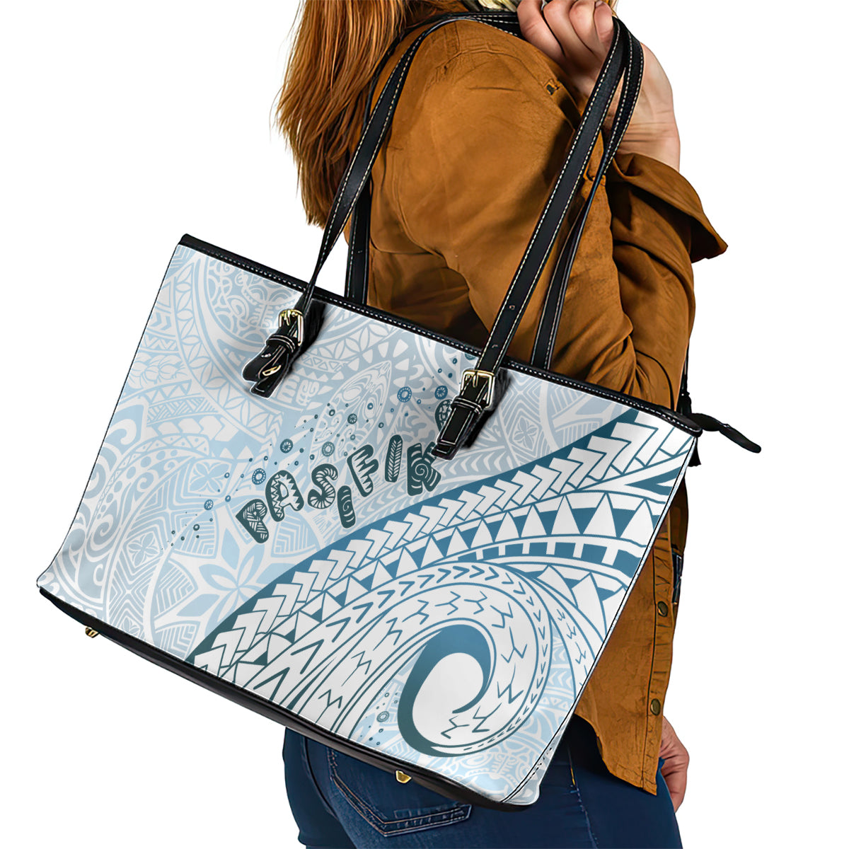 Pasifika Festival Leather Tote Bag Tribal Pattern Blue Version LT01 - Polynesian Pride