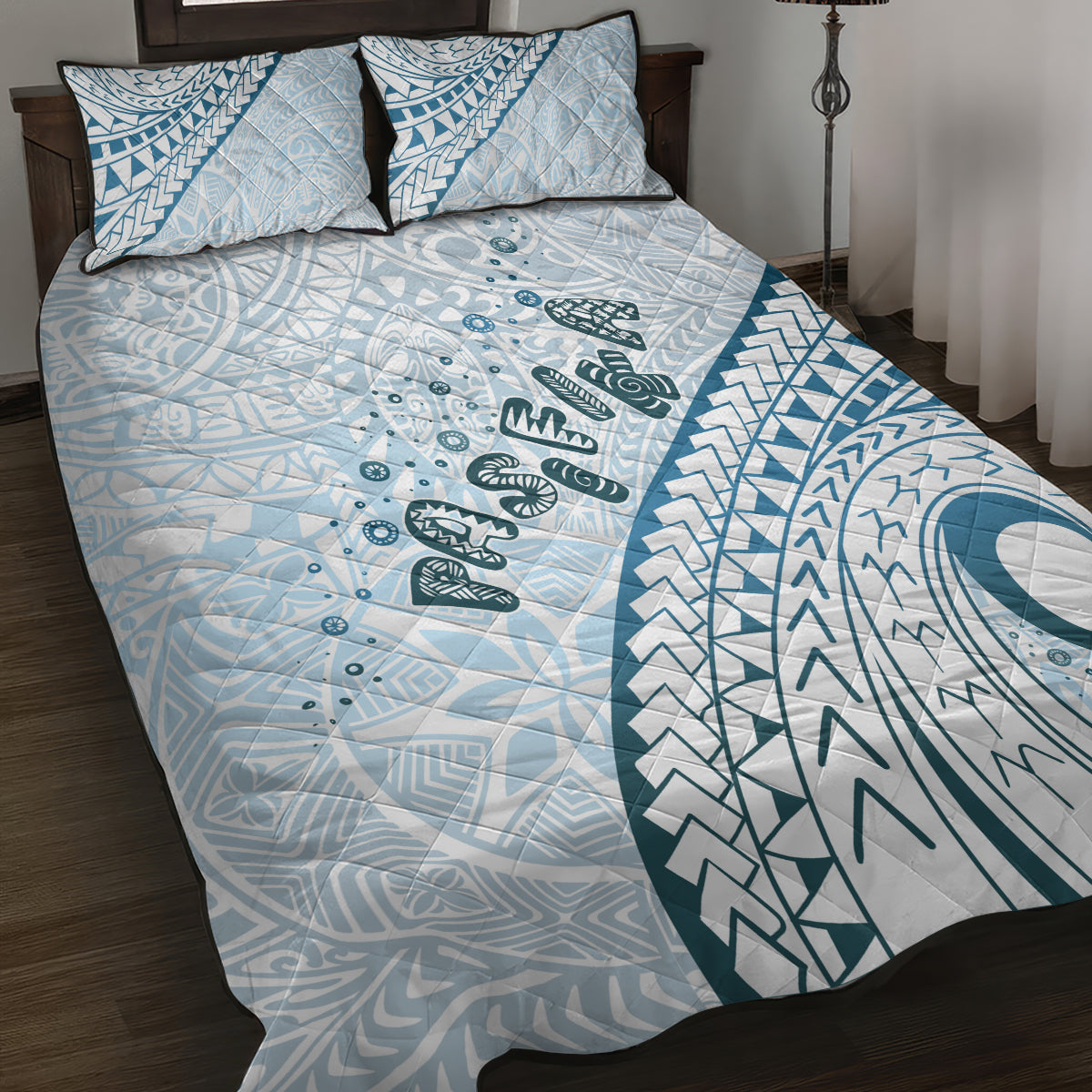 Pasifika Festival Quilt Bed Set Tribal Pattern Blue Version
