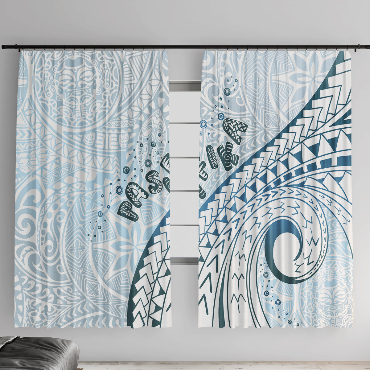 Pasifika Festival Window Curtain Tribal Pattern Blue Version LT01 With Hooks Blue - Polynesian Pride