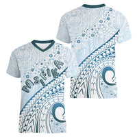 Pasifika Festival Women V Neck T Shirt Tribal Pattern Blue Version LT01 - Polynesian Pride