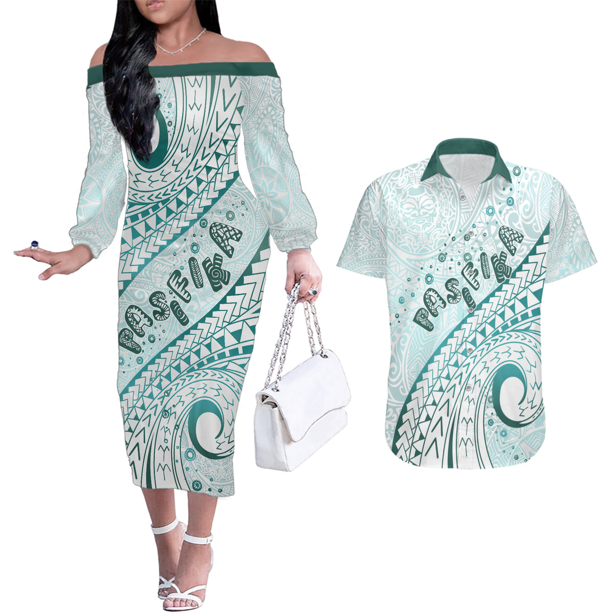 Pasifika Festival Couples Matching Off The Shoulder Long Sleeve Dress and Hawaiian Shirt Tribal Pattern Teal Version LT01 Teal - Polynesian Pride
