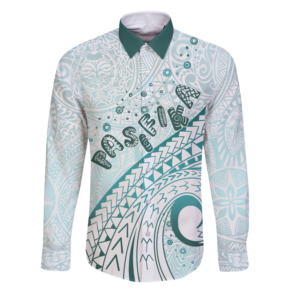 Pasifika Festival Family Matching Mermaid Dress and Hawaiian Shirt Tribal Pattern Teal Version LT01 Dad's Shirt - Long Sleeve Teal - Polynesian Pride