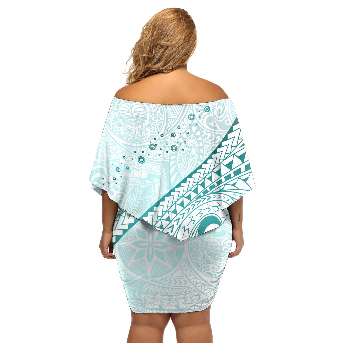 Pasifika Festival Off Shoulder Short Dress Tribal Pattern Teal Version LT01 - Polynesian Pride