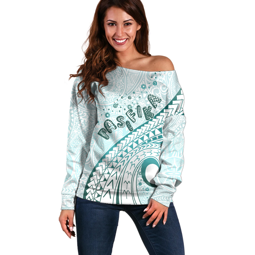 Pasifika Festival Off Shoulder Sweater Tribal Pattern Teal Version LT01 Women Teal - Polynesian Pride