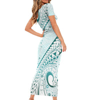 Pasifika Festival Short Sleeve Bodycon Dress Tribal Pattern Teal Version LT01 - Polynesian Pride