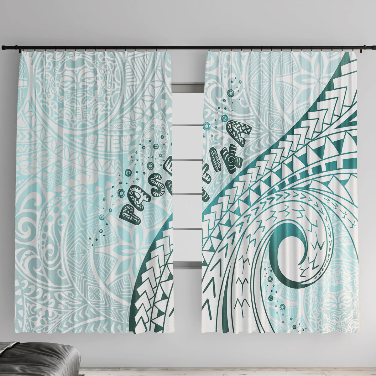 Pasifika Festival Window Curtain Tribal Pattern Teal Version LT01 With Hooks Teal - Polynesian Pride