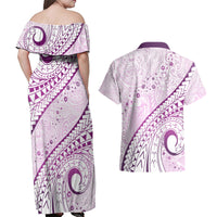 Pasifika Festival Couples Matching Off Shoulder Maxi Dress and Hawaiian Shirt Tribal Pattern Lilac Version LT01 - Polynesian Pride