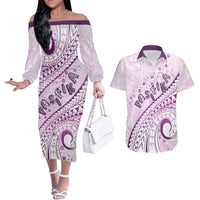 Pasifika Festival Couples Matching Off The Shoulder Long Sleeve Dress and Hawaiian Shirt Tribal Pattern Lilac Version LT01 Purple - Polynesian Pride