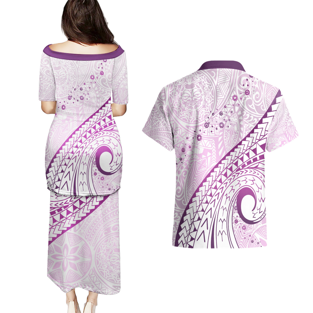 Pasifika Festival Couples Matching Puletasi and Hawaiian Shirt Tribal Pattern Lilac Version LT01 - Polynesian Pride