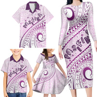 Pasifika Festival Family Matching Long Sleeve Bodycon Dress and Hawaiian Shirt Tribal Pattern Lilac Version LT01 - Polynesian Pride