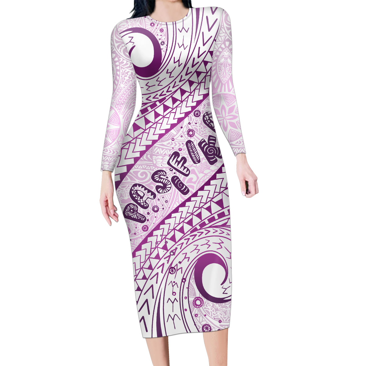 Pasifika Festival Family Matching Long Sleeve Bodycon Dress and Hawaiian Shirt Tribal Pattern Lilac Version LT01 Mom's Dress Purple - Polynesian Pride