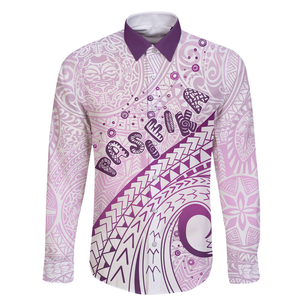 Pasifika Festival Family Matching Mermaid Dress and Hawaiian Shirt Tribal Pattern Lilac Version LT01 Dad's Shirt - Long Sleeve Purple - Polynesian Pride