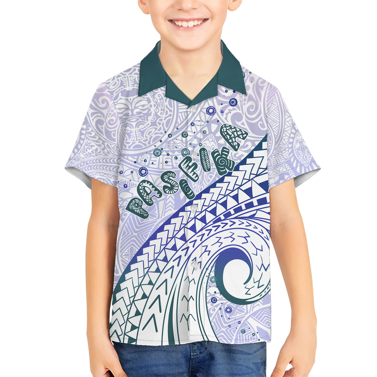 Pasifika Festival Family Matching Off Shoulder Short Dress and Hawaiian Shirt Tribal Pattern Violet Version LT01 Son's Shirt Purple - Polynesian Pride