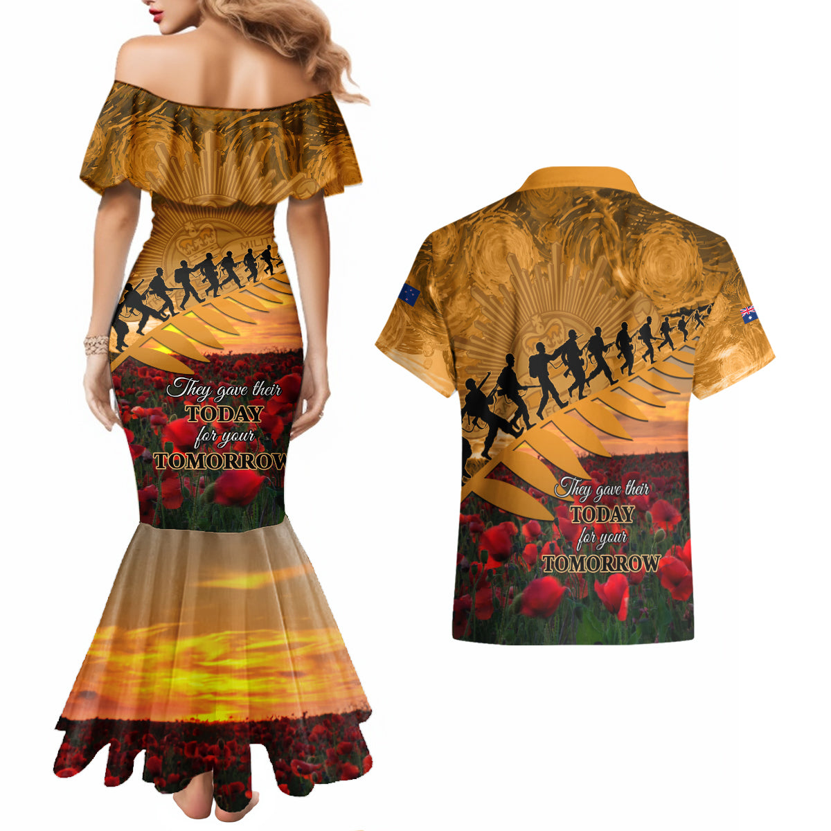 ANZAC Day 2024 Couples Matching Mermaid Dress and Hawaiian Shirt Silver Fern With A Trumpet Soldier LT01 - Polynesian Pride