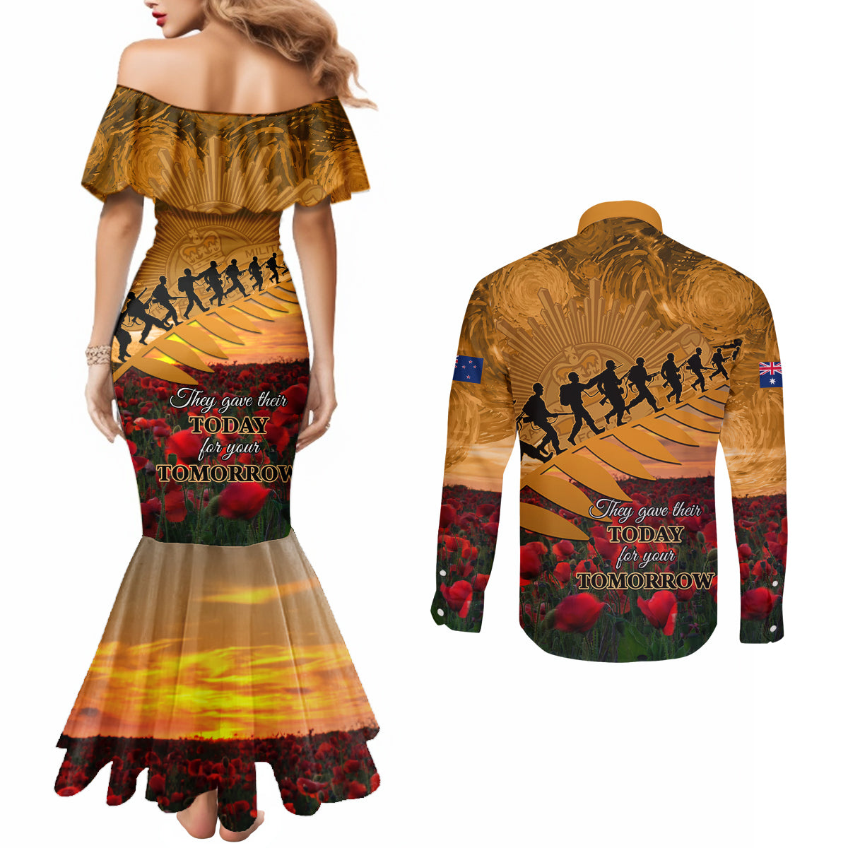 ANZAC Day 2024 Couples Matching Mermaid Dress and Long Sleeve Button Shirt Silver Fern With A Trumpet Soldier LT01 - Polynesian Pride
