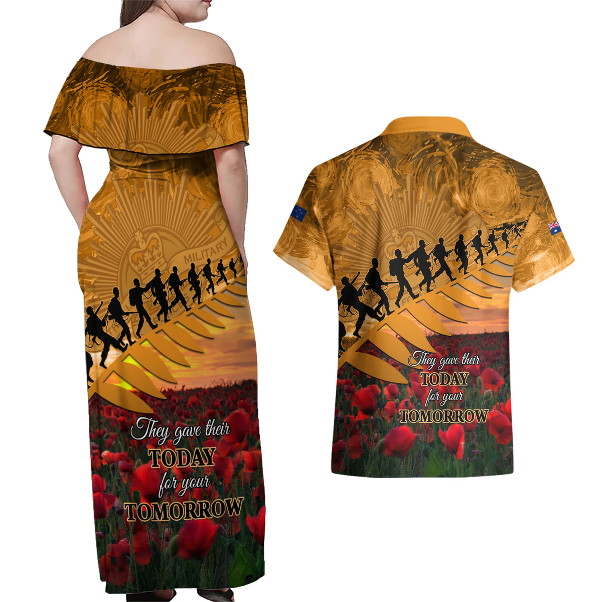 ANZAC Day 2024 Couples Matching Off Shoulder Maxi Dress and Hawaiian Shirt Silver Fern With A Trumpet Soldier LT01 - Polynesian Pride