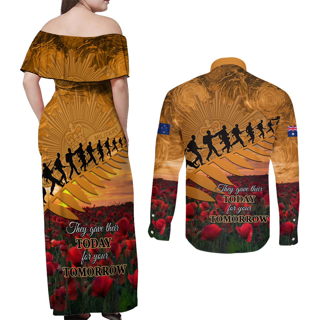 ANZAC Day 2024 Couples Matching Off Shoulder Maxi Dress and Long Sleeve Button Shirt Silver Fern With A Trumpet Soldier LT01 - Polynesian Pride