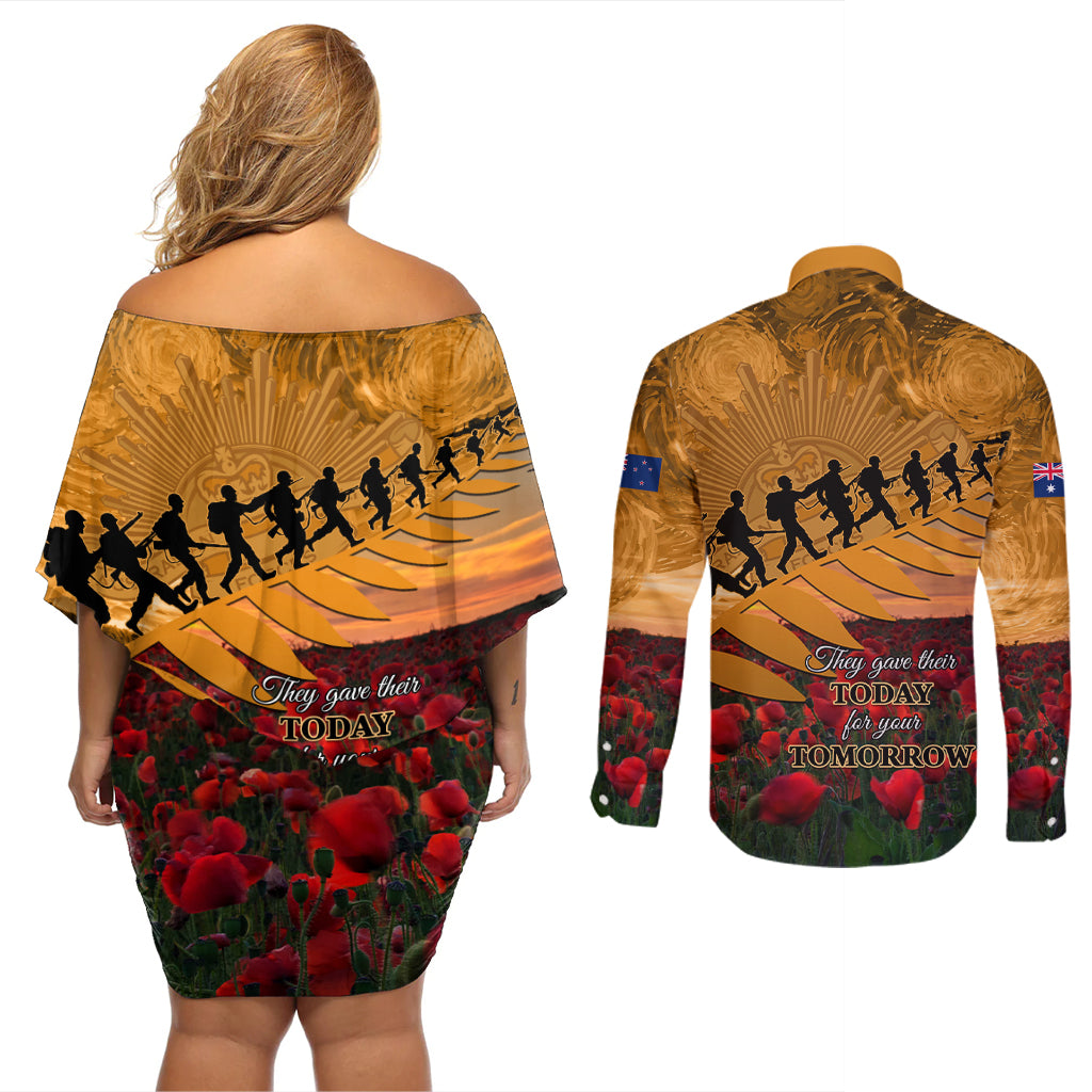 ANZAC Day 2024 Couples Matching Off Shoulder Short Dress and Long Sleeve Button Shirt Silver Fern With A Trumpet Soldier LT01 - Polynesian Pride
