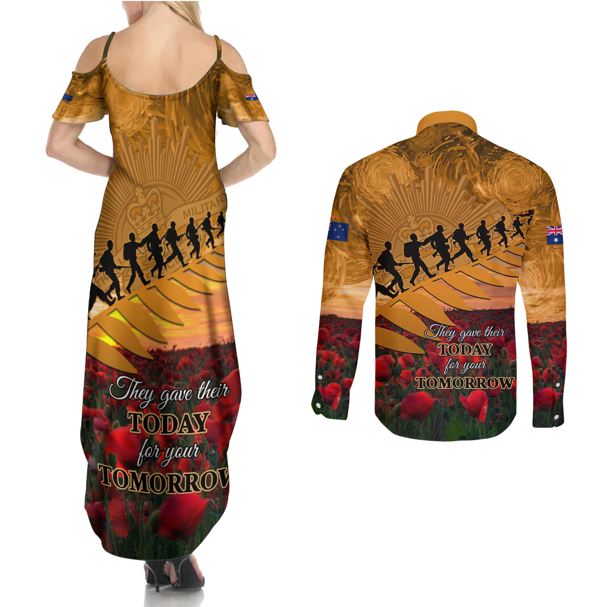 ANZAC Day 2024 Couples Matching Summer Maxi Dress and Long Sleeve Button Shirt Silver Fern With A Trumpet Soldier LT01 - Polynesian Pride