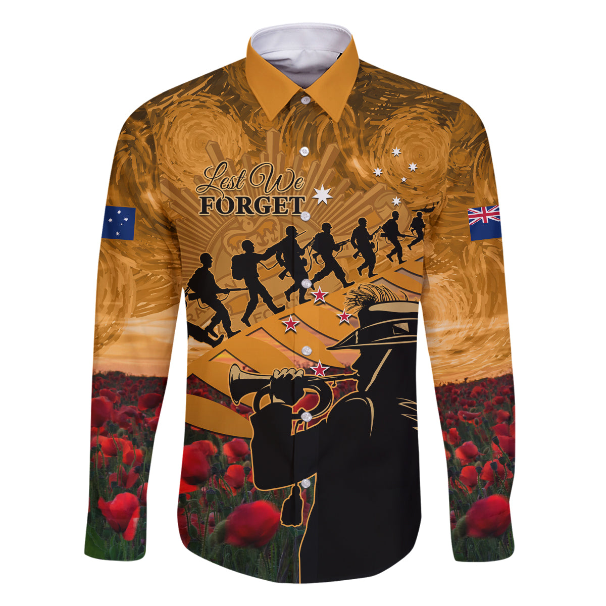 ANZAC Day 2024 Family Matching Long Sleeve Bodycon Dress and Hawaiian Shirt Silver Fern With A Trumpet Soldier LT01 Dad's Shirt - Long Sleeve Art - Polynesian Pride