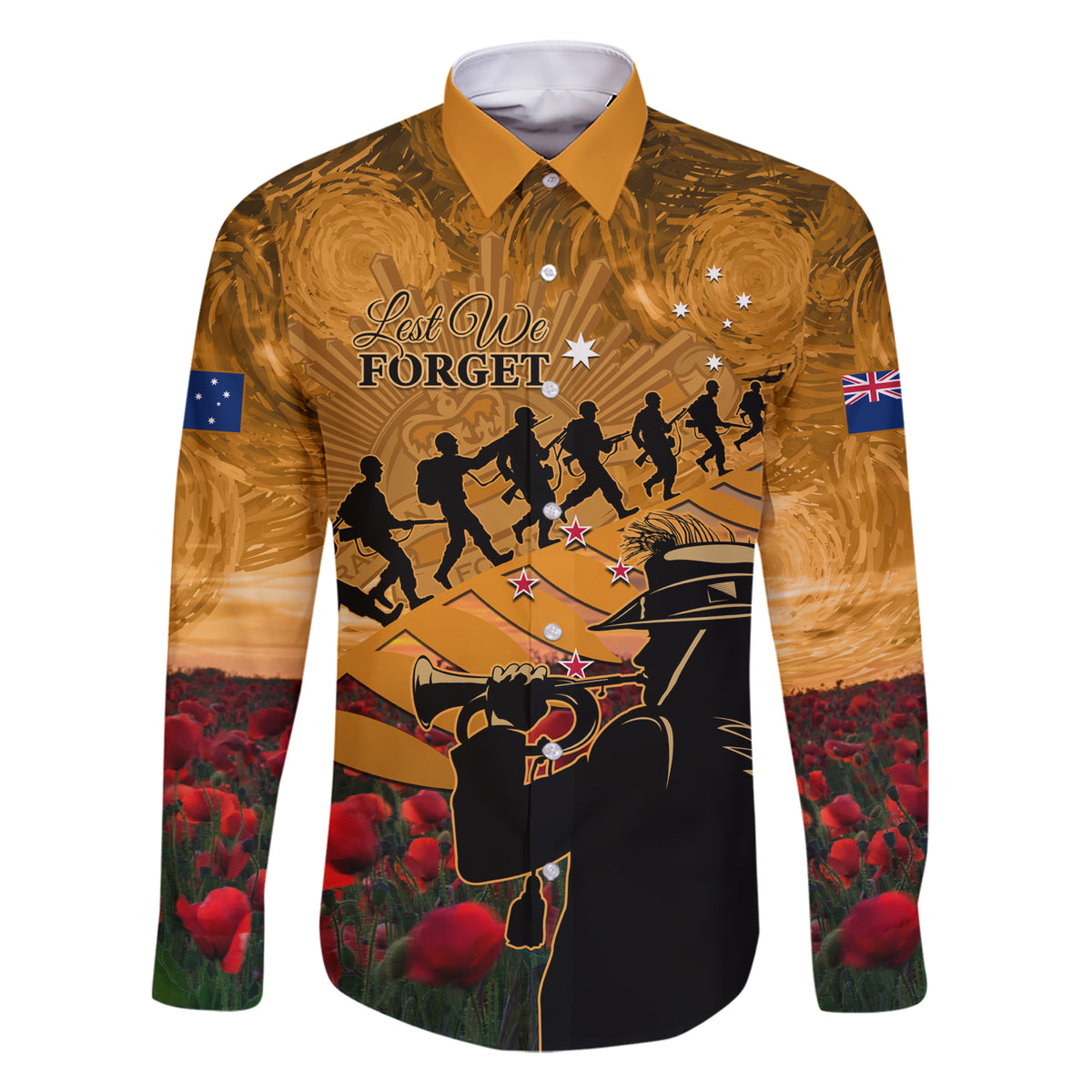 ANZAC Day 2024 Family Matching Short Sleeve Bodycon Dress and Hawaiian Shirt Silver Fern With A Trumpet Soldier LT01 Dad's Shirt - Long Sleeve Art - Polynesian Pride
