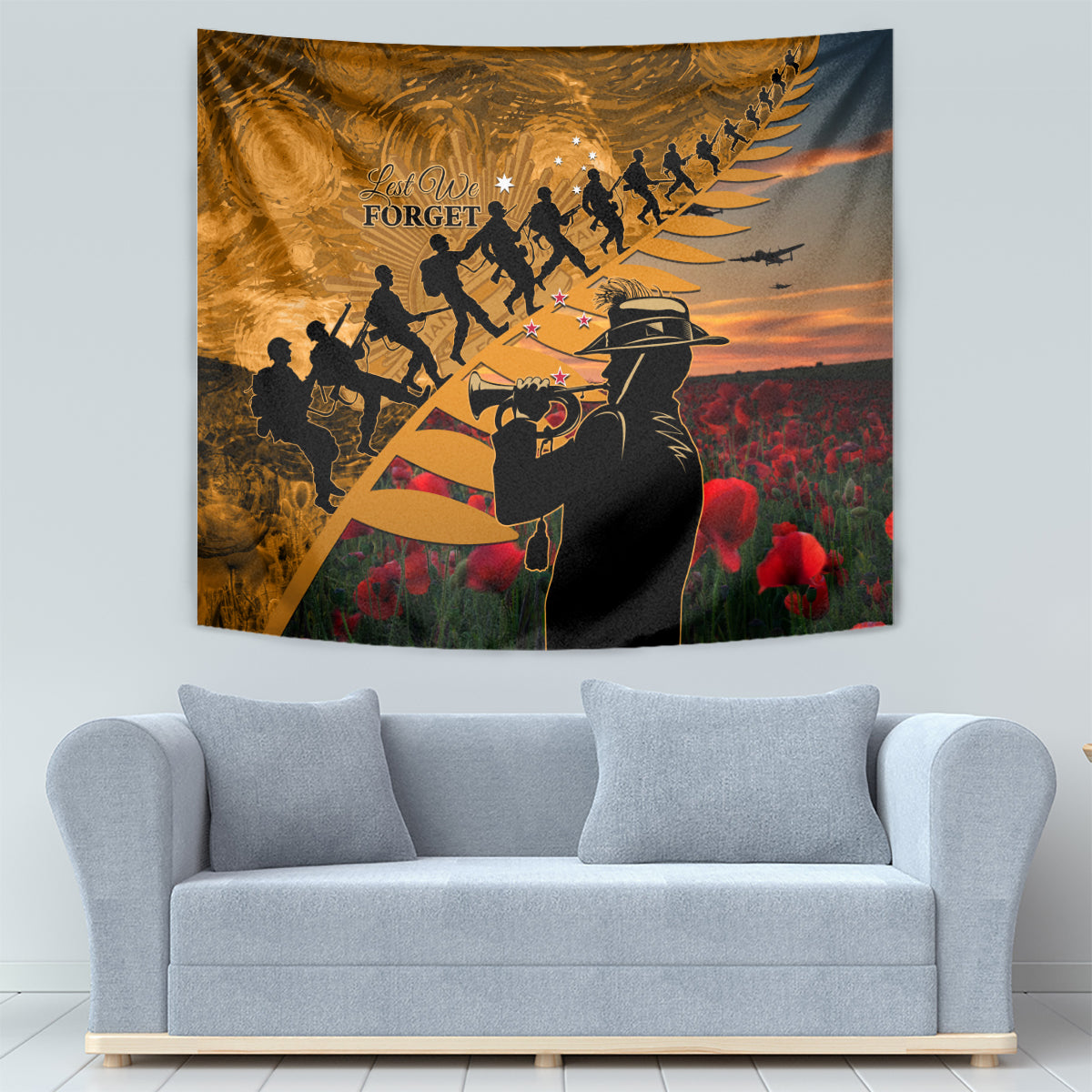 ANZAC Day 2024 Tapestry Silver Fern With A Trumpet Soldier