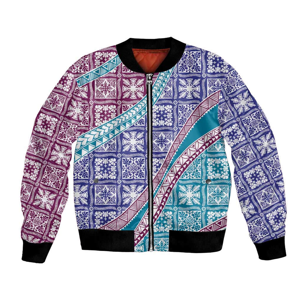 Hawaiian Quilt Pattern Bomber Jacket Purple Blue Color Mixed - Polynesian Pride
