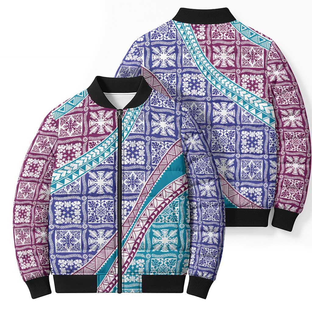 Hawaiian Quilt Pattern Bomber Puffer Jacket Purple Blue Color Mixed - Polynesian Pride