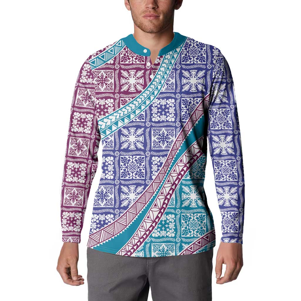 Hawaiian Quilt Pattern Button Sweatshirt Purple Blue Color Mixed - Polynesian Pride