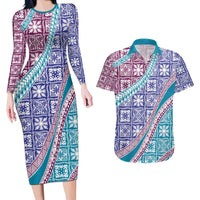 Hawaiian Quilt Pattern Couples Matching Long Sleeve Bodycon Dress and Hawaiian Shirt Purple Blue Color Mixed - Polynesian Pride