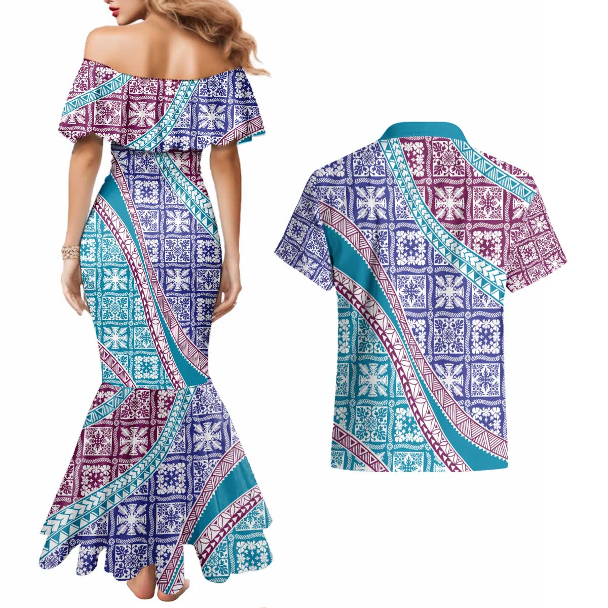 Hawaiian Quilt Pattern Couples Matching Mermaid Dress and Hawaiian Shirt Purple Blue Color Mixed - Polynesian Pride