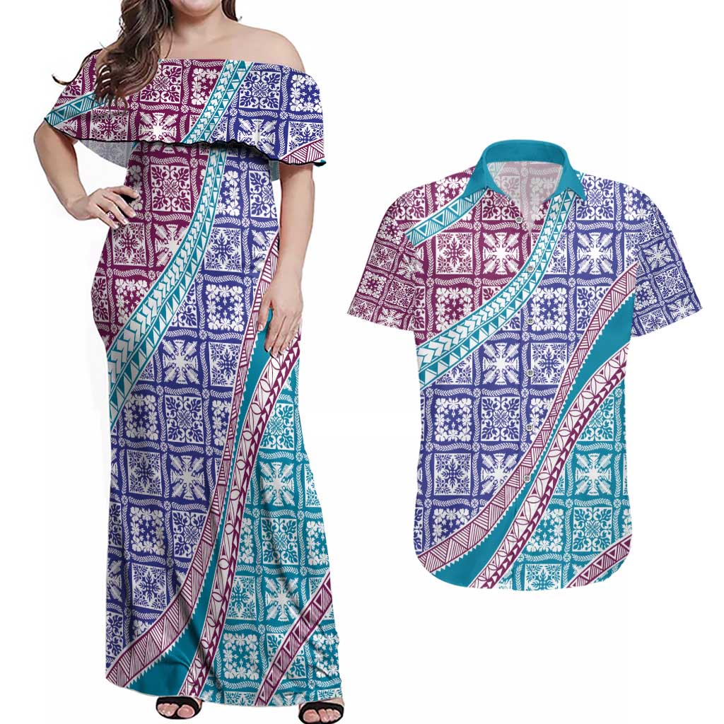 Hawaiian Quilt Pattern Couples Matching Off Shoulder Maxi Dress and Hawaiian Shirt Purple Blue Color Mixed - Polynesian Pride