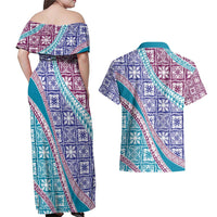 Hawaiian Quilt Pattern Couples Matching Off Shoulder Maxi Dress and Hawaiian Shirt Purple Blue Color Mixed - Polynesian Pride