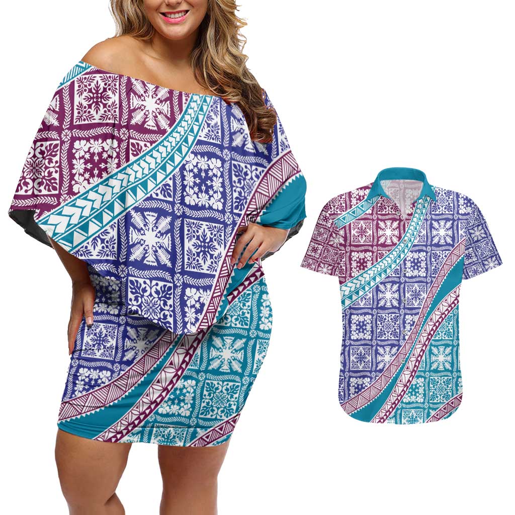 Hawaiian Quilt Pattern Couples Matching Off Shoulder Short Dress and Hawaiian Shirt Purple Blue Color Mixed - Polynesian Pride