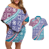 Hawaiian Quilt Pattern Couples Matching Off Shoulder Short Dress and Hawaiian Shirt Purple Blue Color Mixed - Polynesian Pride