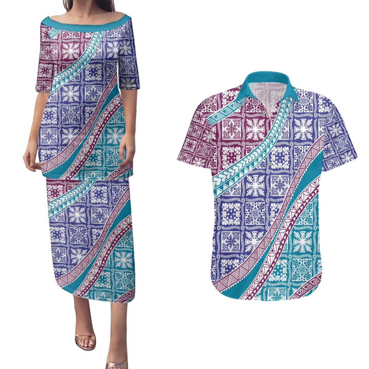 Hawaiian Quilt Pattern Couples Matching Puletasi and Hawaiian Shirt Purple Blue Color Mixed - Polynesian Pride