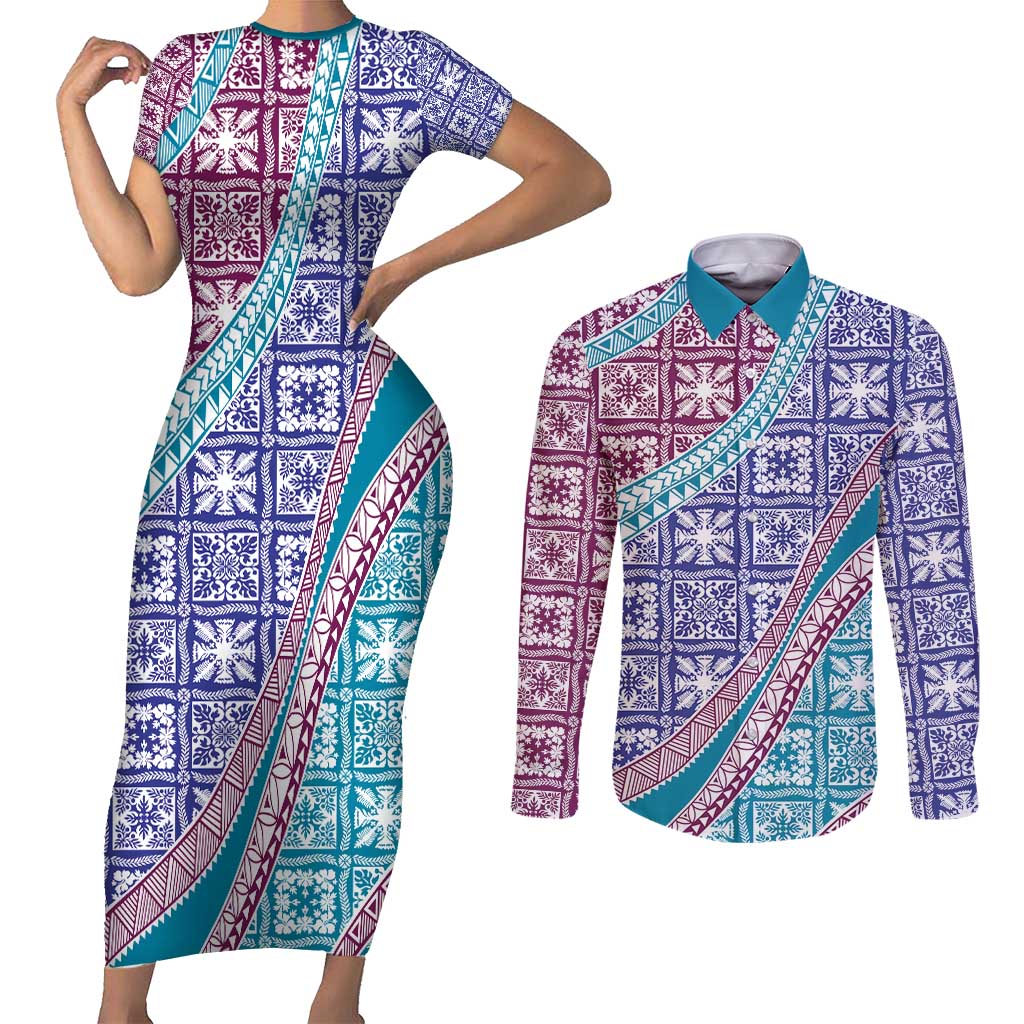 Hawaiian Quilt Pattern Couples Matching Short Sleeve Bodycon Dress and Long Sleeve Button Shirt Purple Blue Color Mixed - Polynesian Pride